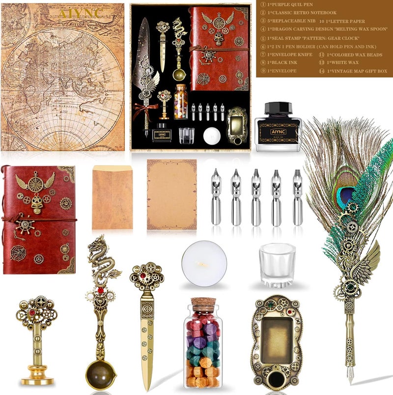 AIYNC Quill Pen and Ink Set, With Notebook Wax Seal Stamp Kit, Calligraphy Set for Writing Lovers, Valentine's Day and Birthday Gifts, Ideal for Holidays(Peacock Feather) - Image 2